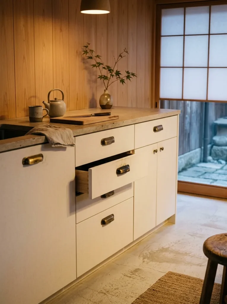 Cozy kitchen featuring unlacquered brass cabinet hardware with natural aged patina