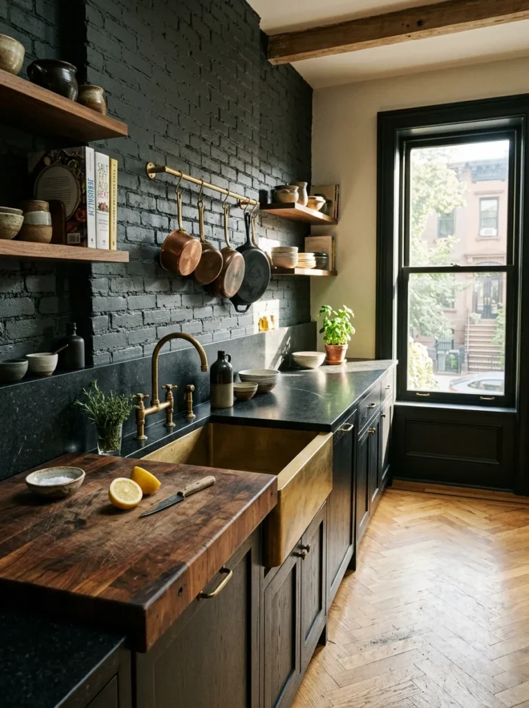 Warm kitchen with butcher block countertop paired with natural stone surfaces