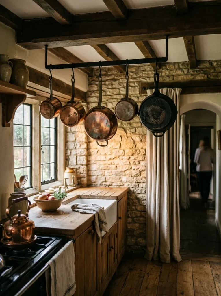Cozy kitchen with hanging copper cookware displayed on a ceiling-mounted pot rack
