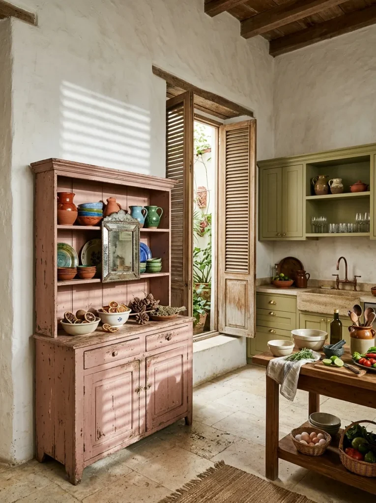 Cozy kitchen featuring vintage freestanding furniture that adds warmth and personality