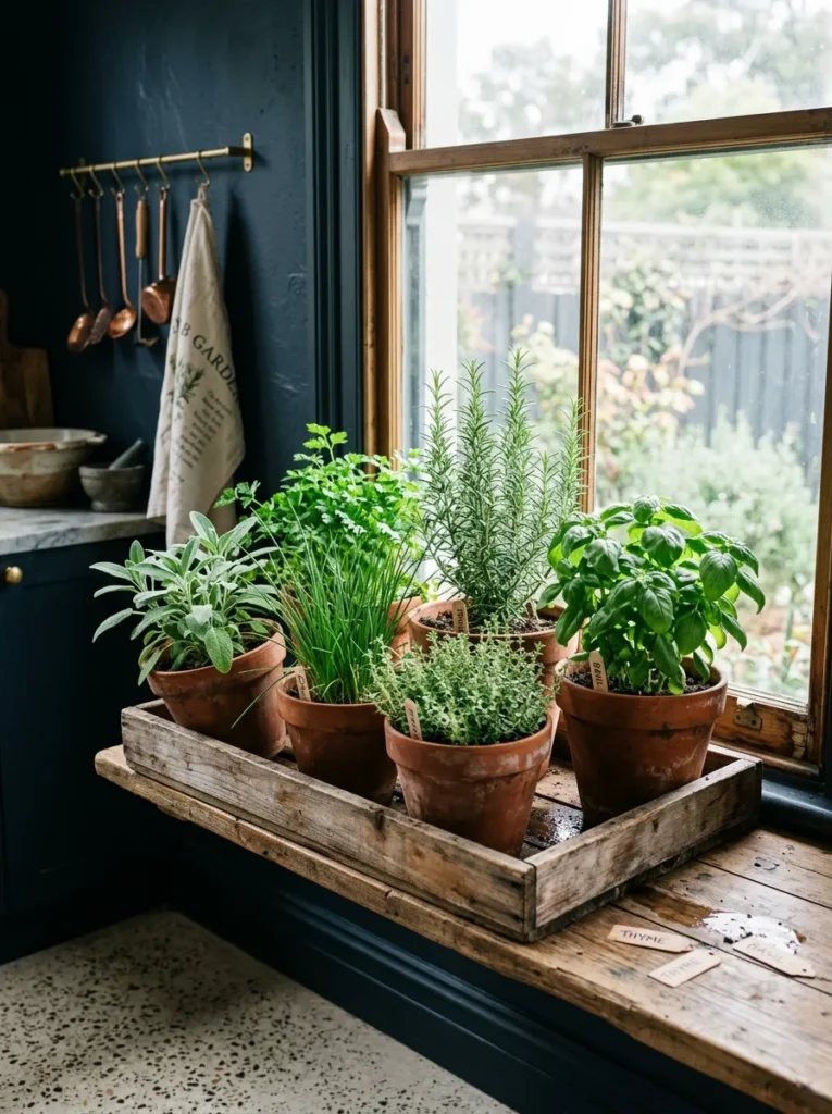 Cozy kitchen featuring fresh herbs displayed in terracotta pots near a sunny window