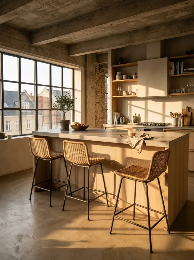 Cozy kitchen island with casually styled bar stools creating an inviting atmosphere