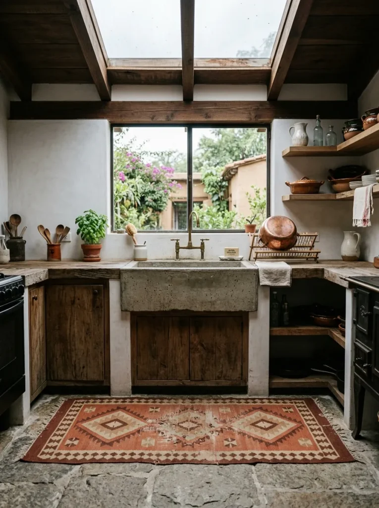 Warm kitchen with vintage runner rug placed in front of the sink for comfort and texture