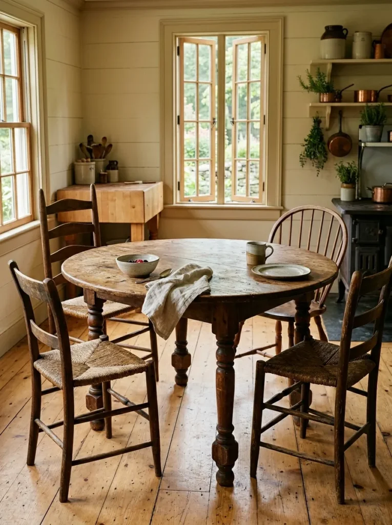 Warm kitchen featuring a wooden dining table with turned legs and welcoming seating
