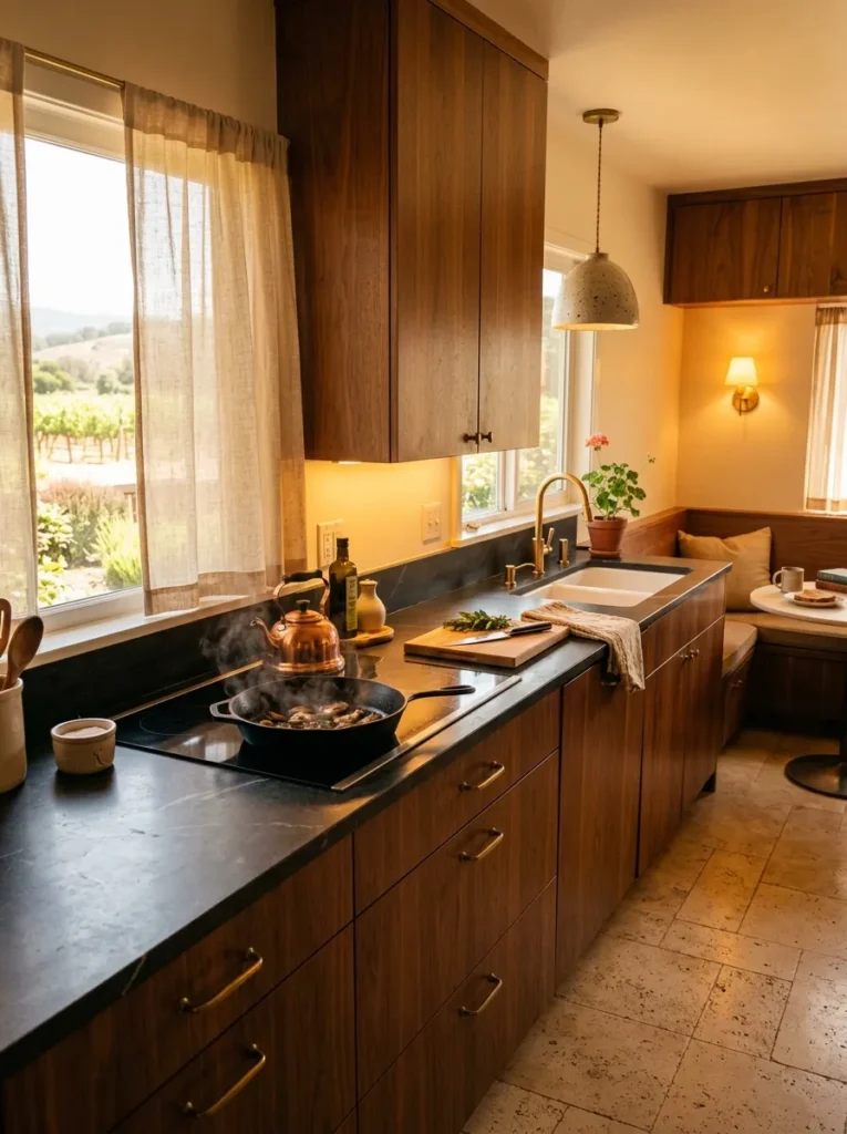 Warm kitchen with layered lighting including pendant lights, under cabinet lighting, and wall sconces