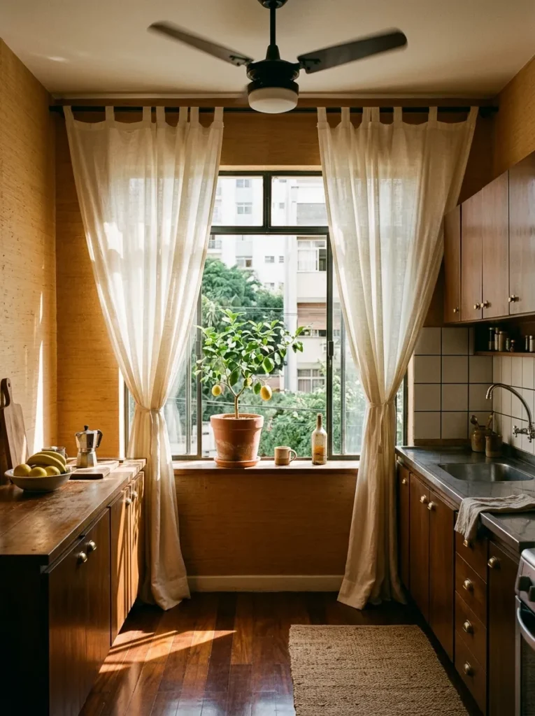 Warm kitchen with linen curtains framing a bright kitchen window