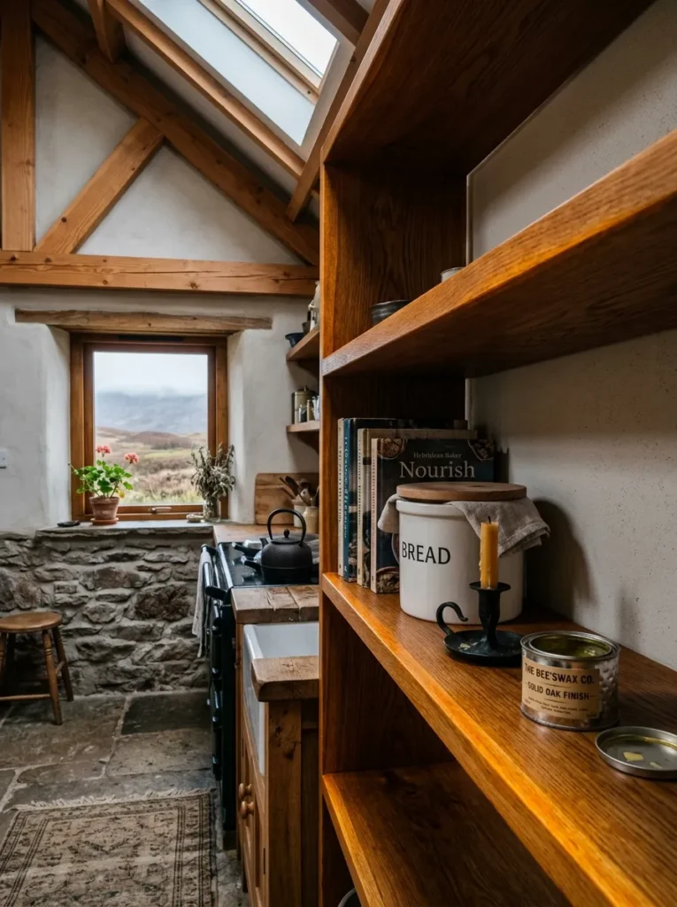 Warm kitchen with beeswax-finished wood countertops and natural wooden details