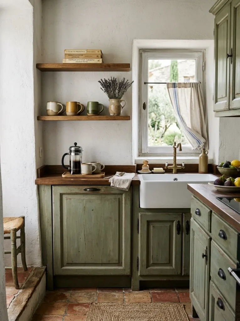 Cozy kitchen with open shelving displaying ceramic mugs, cookbooks, and decorative kitchen accessories