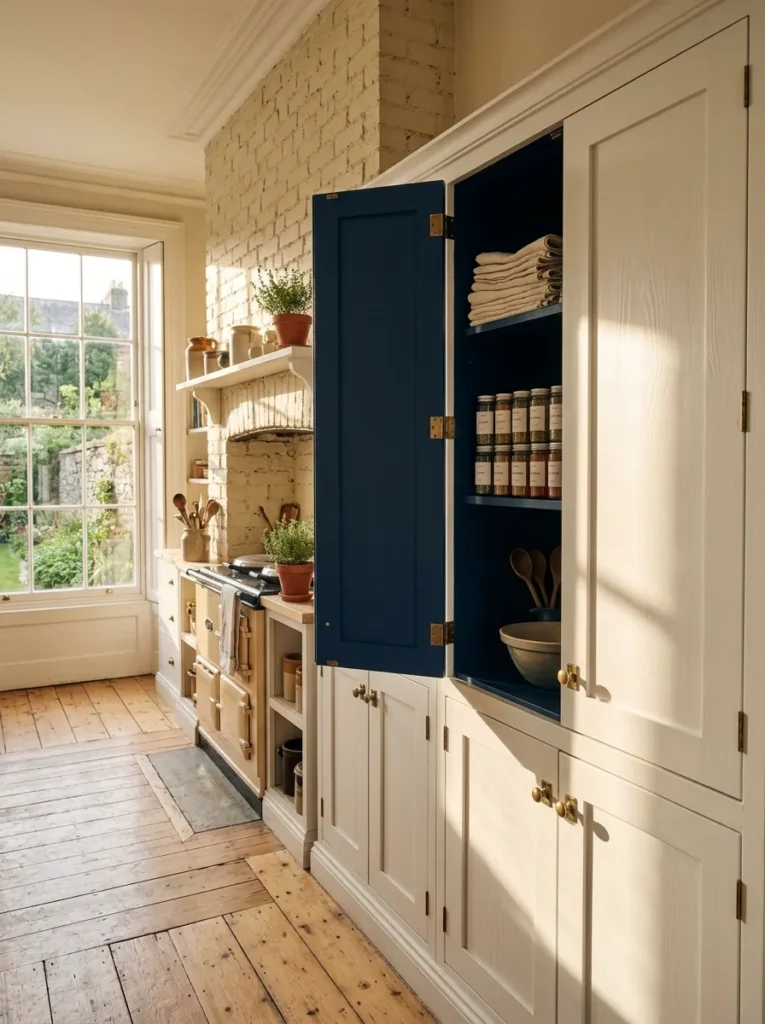 Cozy kitchen cabinets featuring contrasting interior paint colors for added character and depth