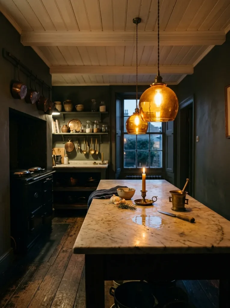 Cozy kitchen with oversized pendant lights hanging low above a kitchen island for warm ambiance