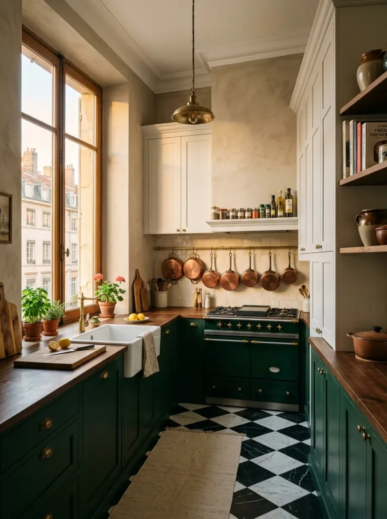 Cozy kitchen featuring two-tone cabinetry with light upper cabinets and darker lower cabinets