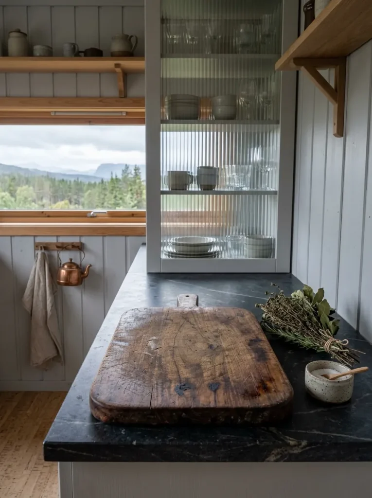 Warm kitchen countertop styled with vintage wooden cutting boards and natural materials