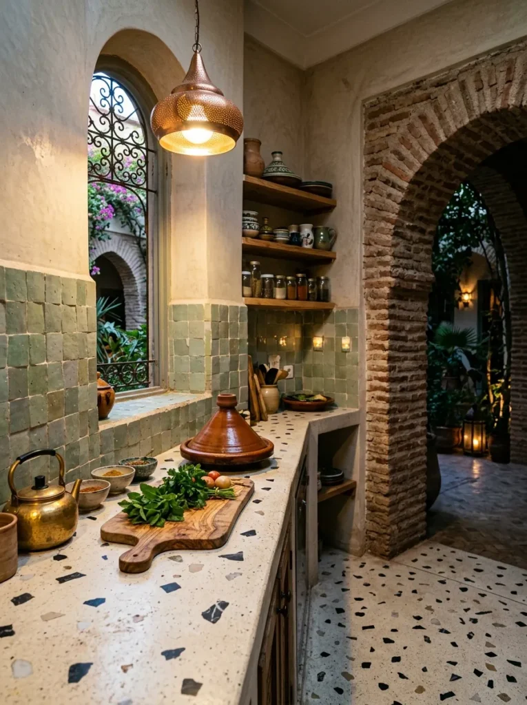 Cozy kitchen with textured zellige tile backsplash and handcrafted character