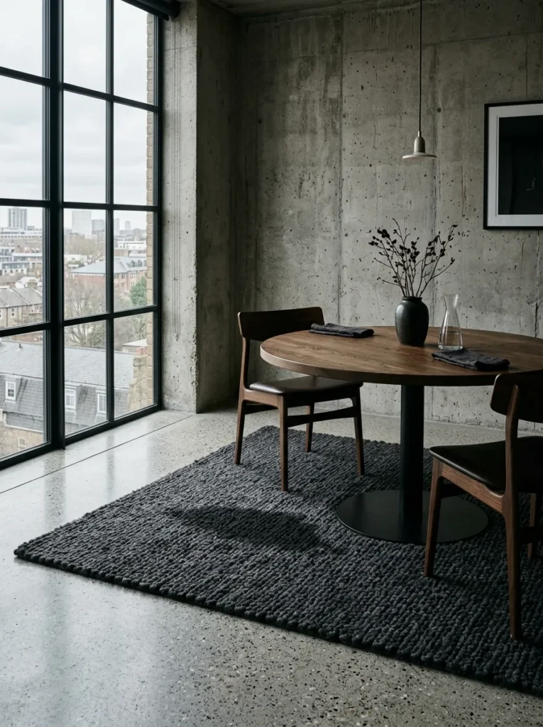 Large wool flatweave rug extending beyond teak dining chair legs in a Copenhagen mid-century apartment with pale limestone floor.