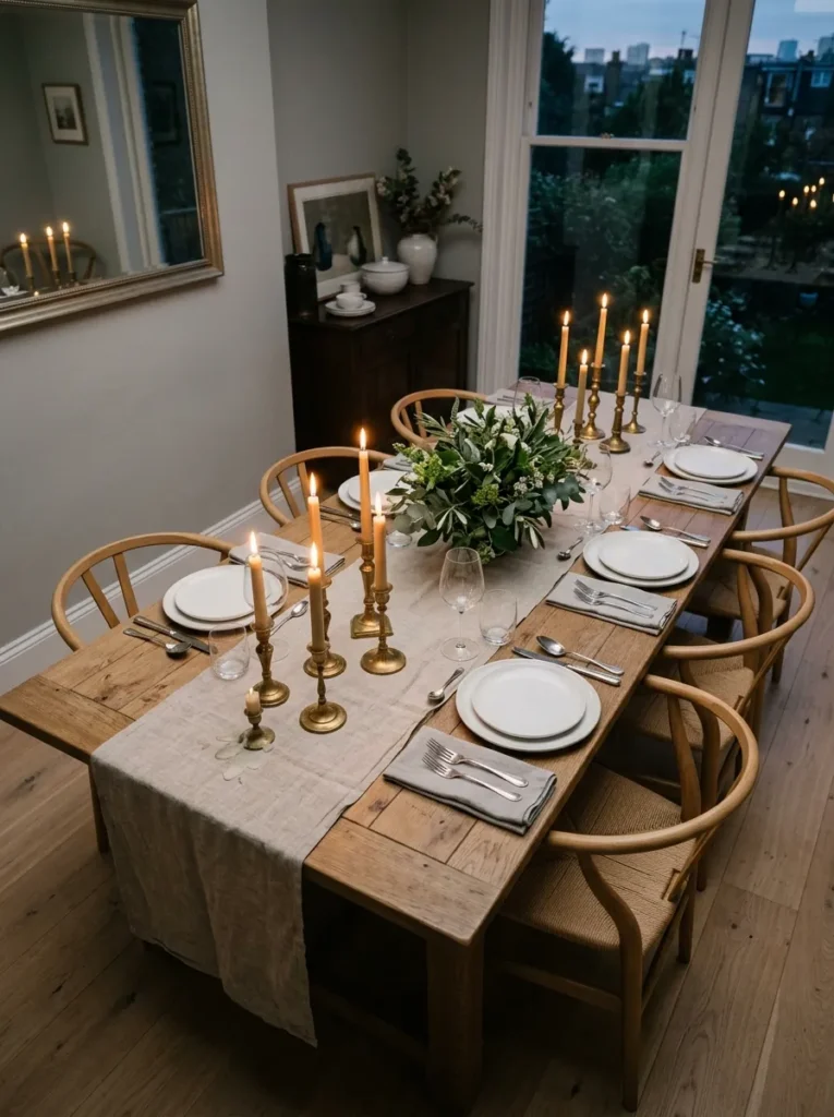  Curated tablescape with linen runner, candlesticks, and place settings in a luxury dining room