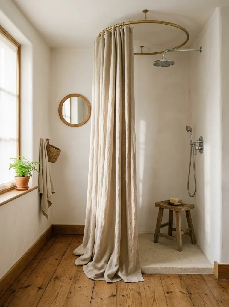  Freestanding shower with a floor-to-ceiling natural linen curtain on a ceiling-mounted ring rail in a warm white and wood bathroom
