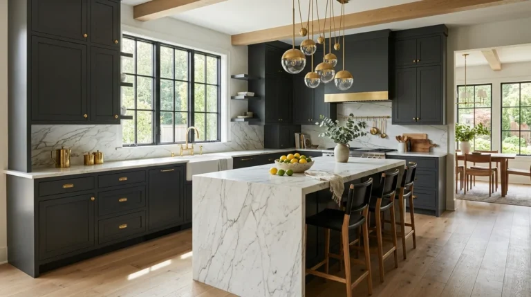 Bold dark kitchen with charcoal cabinets, brass hardware, and a marble island