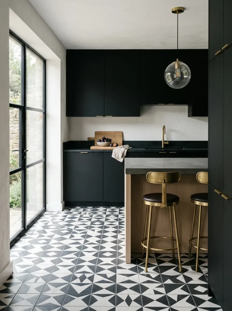 Dark kitchen with a bold black and white geometric patterned cement tile floor