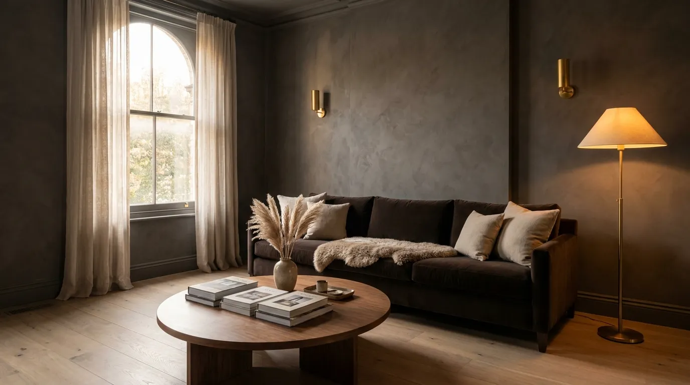Dark charcoal living room with a velvet sofa, brass lamps, and warm evening lighting