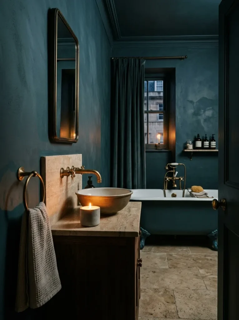 Deep blue-green painted walls and ceiling with unlacquered brass fittings in a candlelit Georgian travertine bathroom.