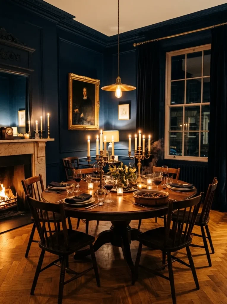 Inky navy dining room walls in a Georgian Edinburgh townhouse with herringbone parquet floor and candlelit round dining table at night.