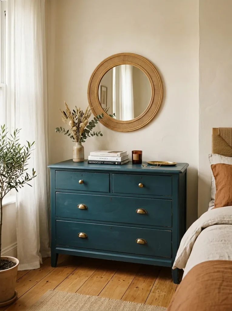 Dark teal-blue painted dresser as a statement piece in a neutral bedroom