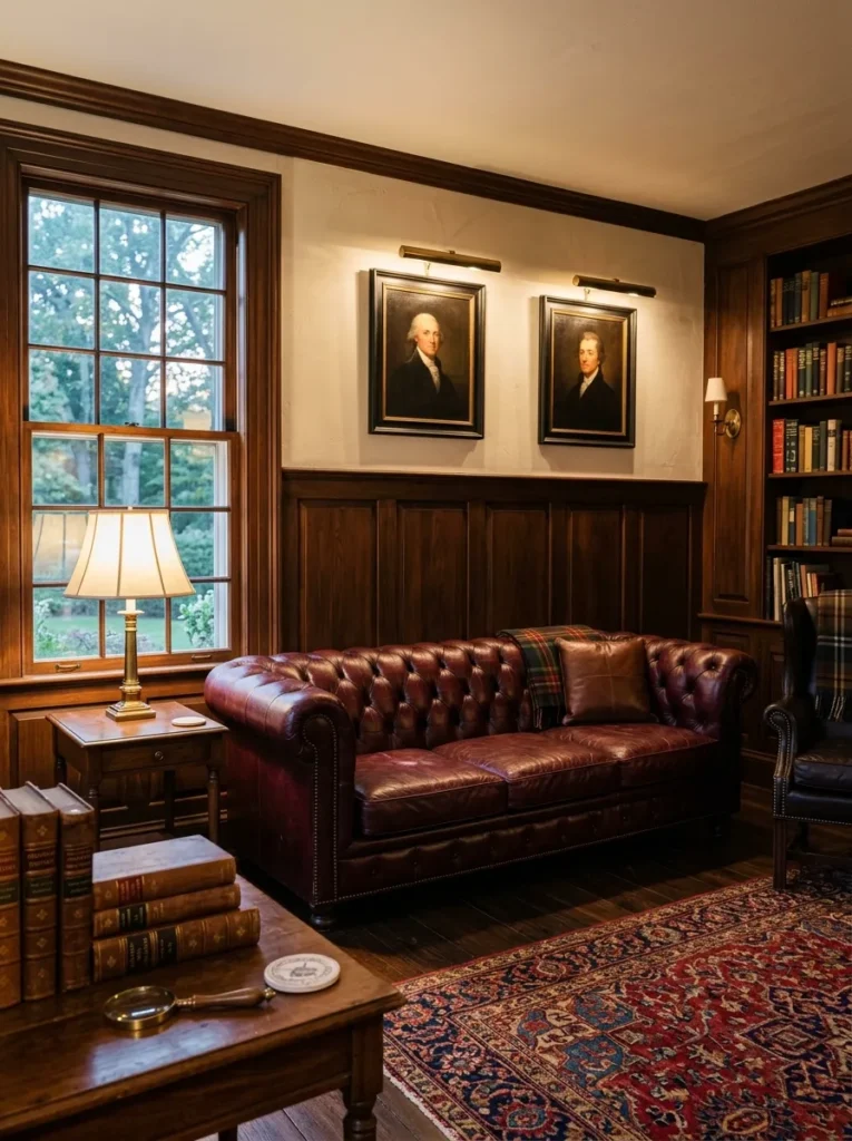  Living room with dark walnut tongue-and-groove wood paneling and a library-style feel