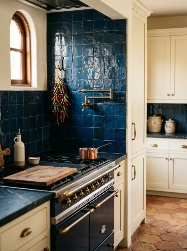 Moody kitchen with a deep blue zellige tile backsplash behind the range