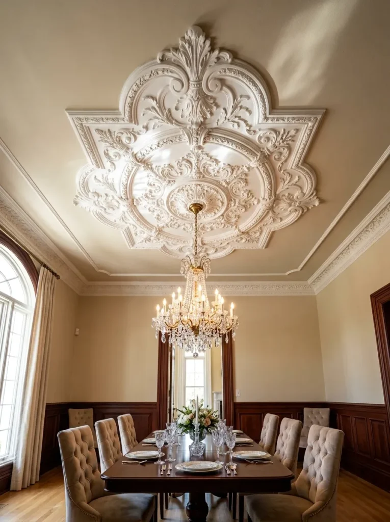  Ornate plaster ceiling medallion surrounding a chandelier mount in a luxury dining room
