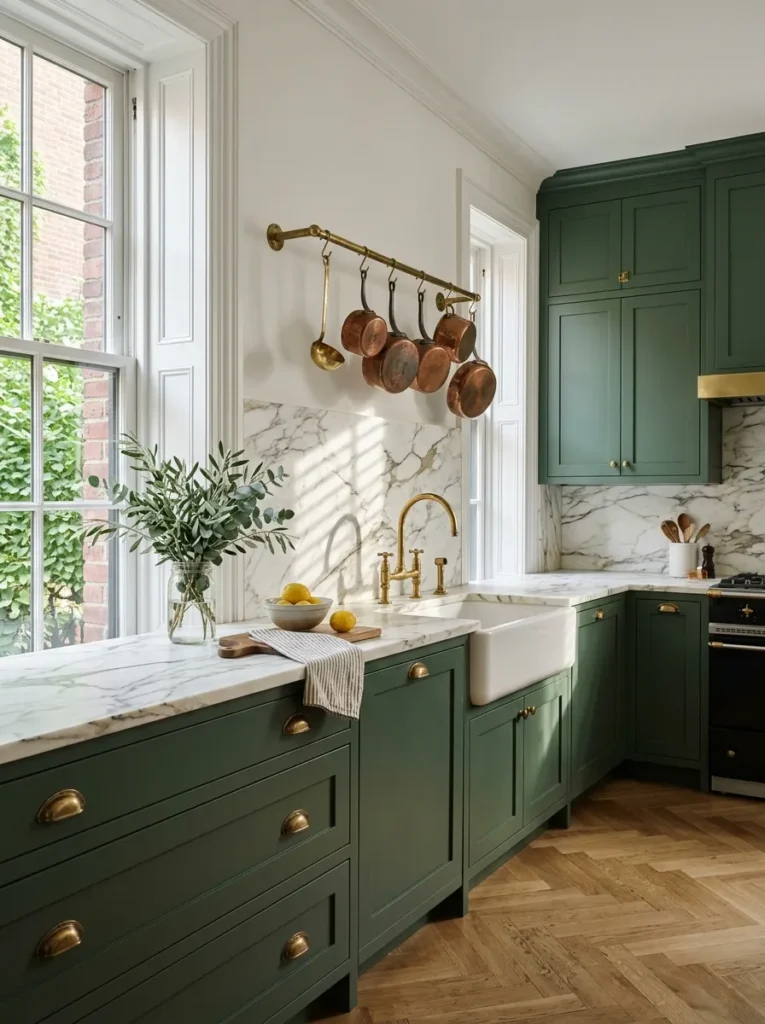 Kitchen with hunter green cabinetry, brass fixtures, and white marble countertops