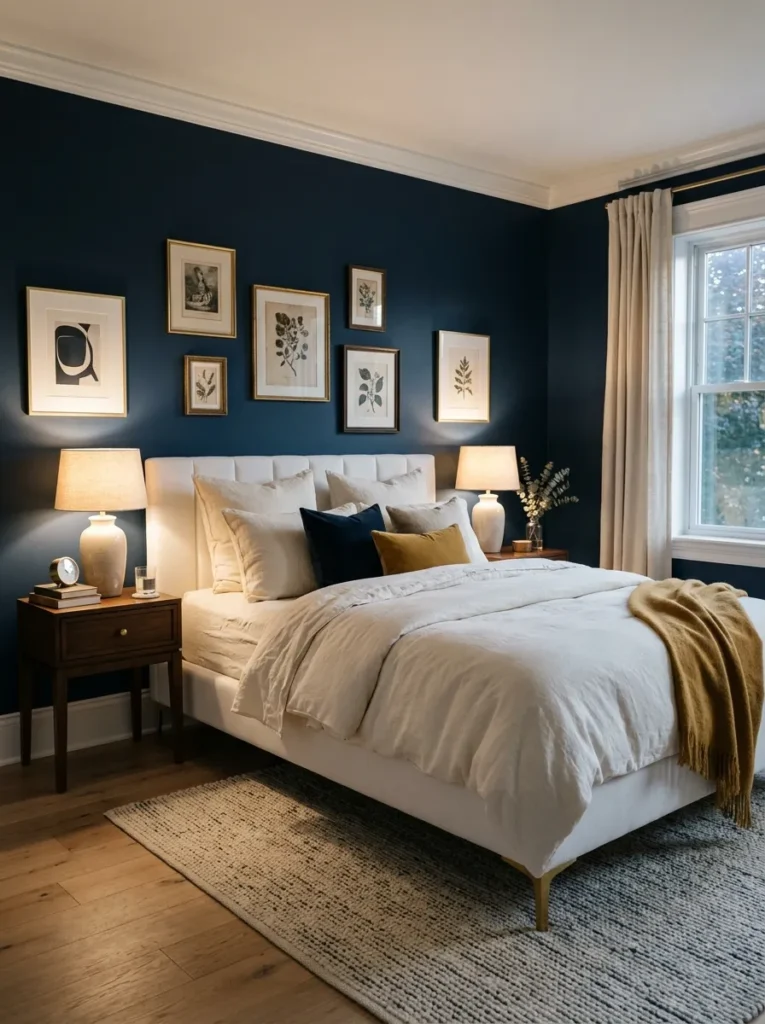 Deep navy bedroom walls with crisp white trim and a white upholstered bed