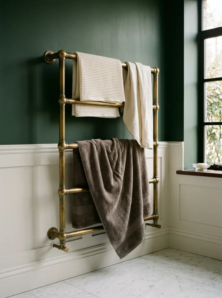 Oversized antique brass column-style heated towel rail with layered linen and waffle towels in a dark forest green bathroom with marble floor
