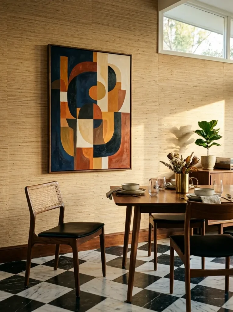 Large abstract canvas hung at seated eye level on a grasscloth wall in a mid-century Los Angeles dining room with marble diamond floor.