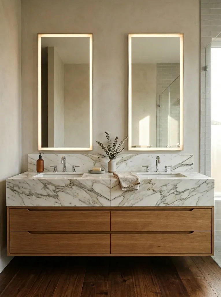 Double vanity in bookmatched Calacatta marble with two undermount sinks, integrated LED mirror strips, and warm oak cabinet base