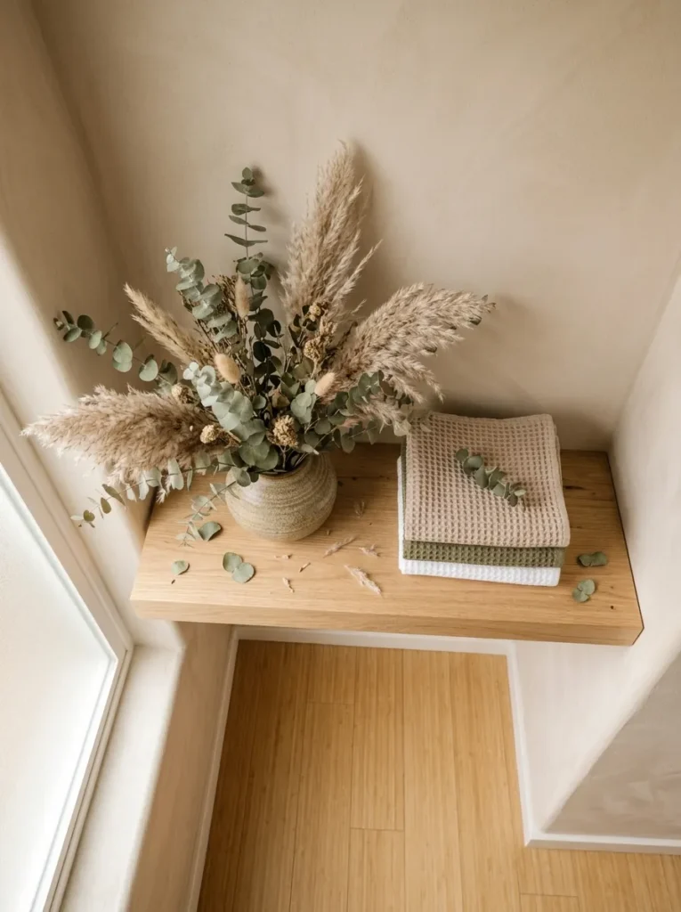 Dried eucalyptus and grasses styled in a ceramic vase on a bathroom shelf