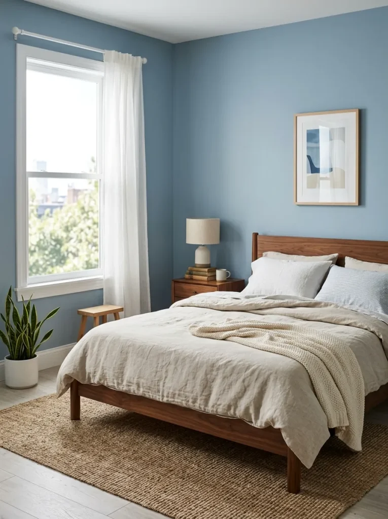 Soft dusty blue bedroom walls paired with a warm wood bed frame and nightstands