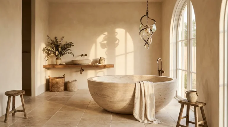Bright Mediterranean-style bathroom with limewashed walls, stone tub, and natural textures showing earthy bathroom design