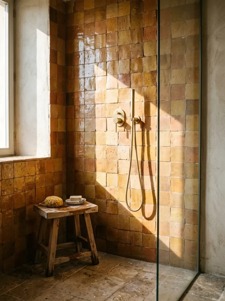 Handmade zellige tile in warm clay tones covering a bathroom shower wall
