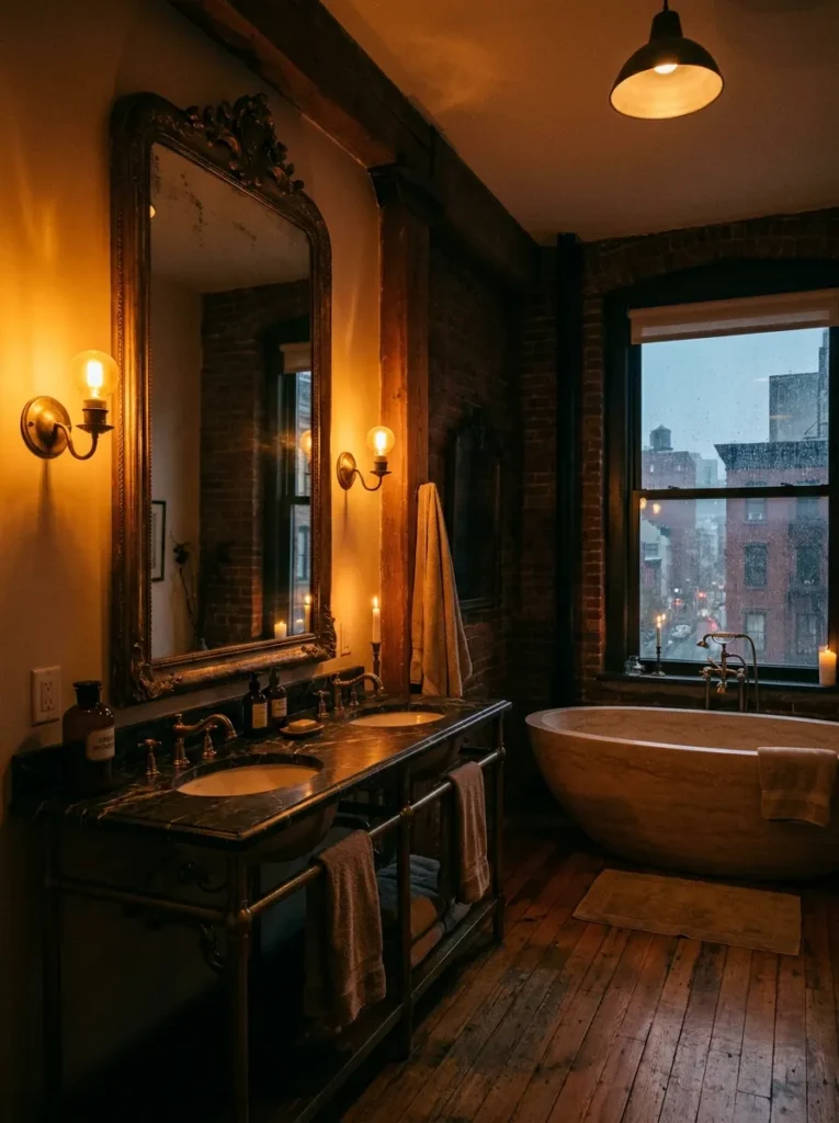 Elegant bathroom featuring layered lighting, wall sconces, and a warm relaxing atmosphere