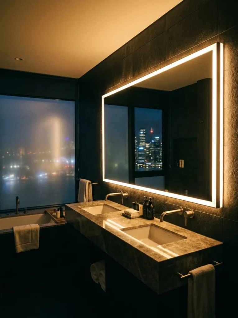 Elegant bathroom vanity with illuminated backlit mirror and warm ambient lighting