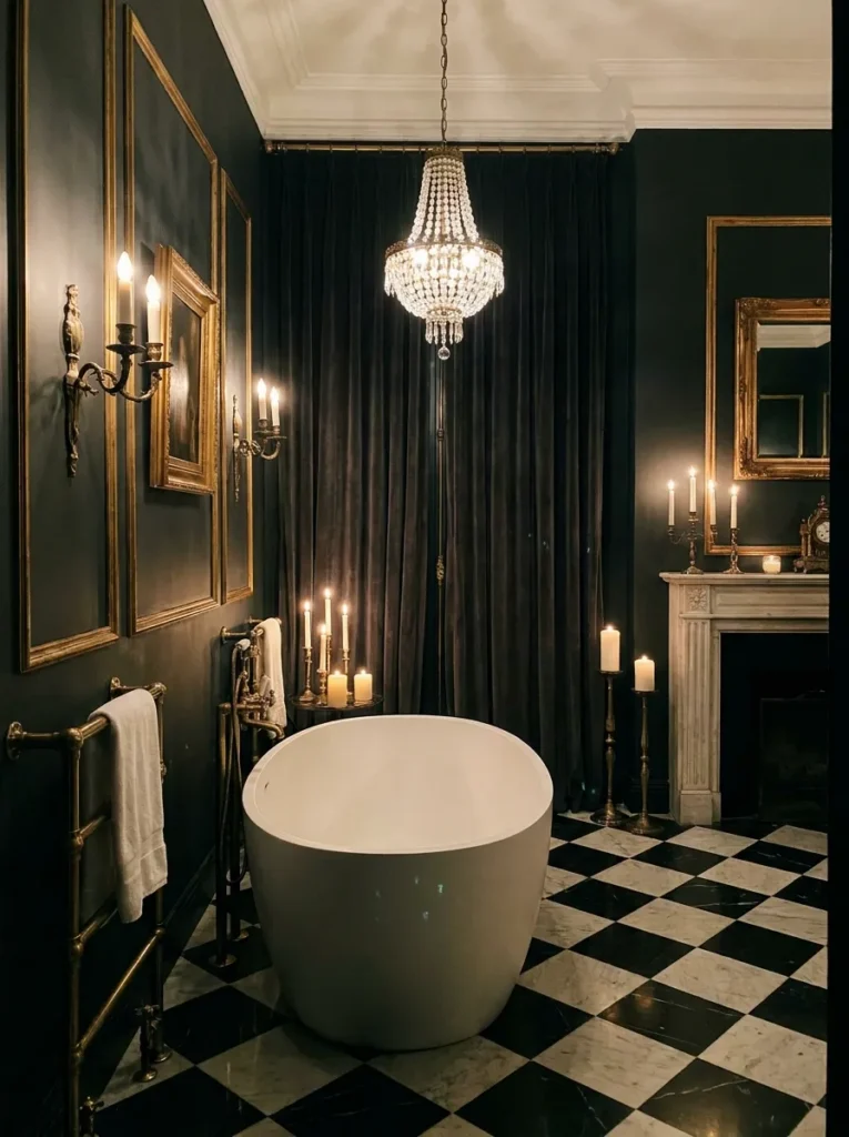 Elegant bathroom with chandelier above freestanding bathtub and luxurious atmosphere
