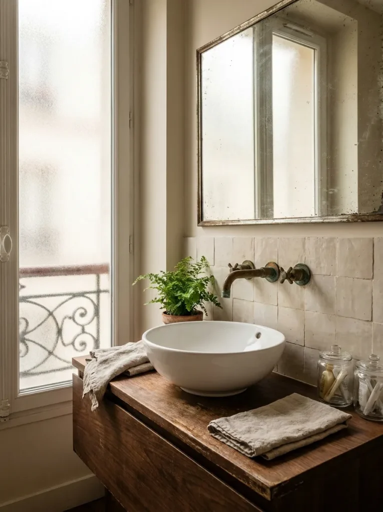 Elegant bathroom featuring unlacquered brass faucets, warm metallic accents, and refined finishes