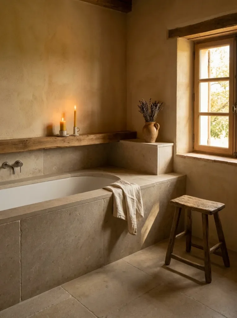 Elegant bathroom with built-in bathtub surround and natural stone shelving