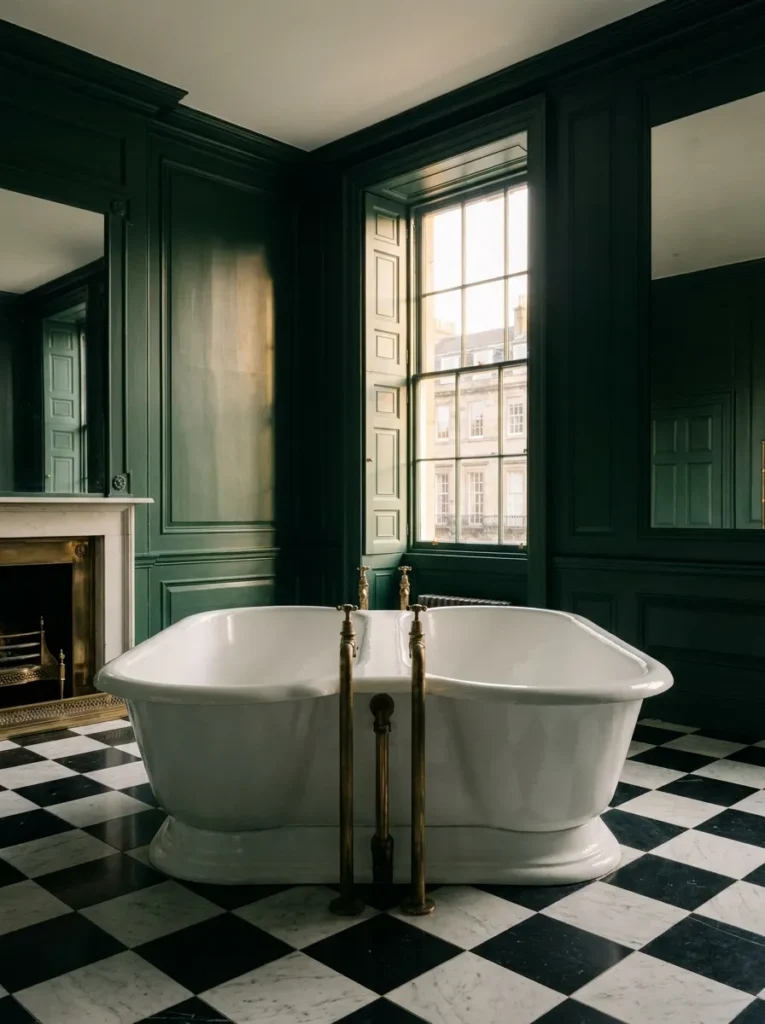 Luxury bathroom with double-ended bathtub and floor-mounted brass central taps