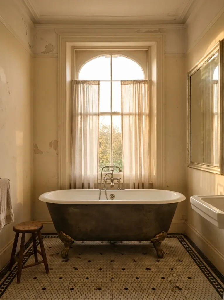 Elegant bathroom with a freestanding bathtub, classic fixtures, and timeless luxury styling