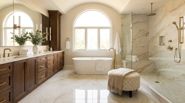 Elegant bathroom ideas featuring marble walls, freestanding bathtubs, brass fixtures, and timeless luxury design