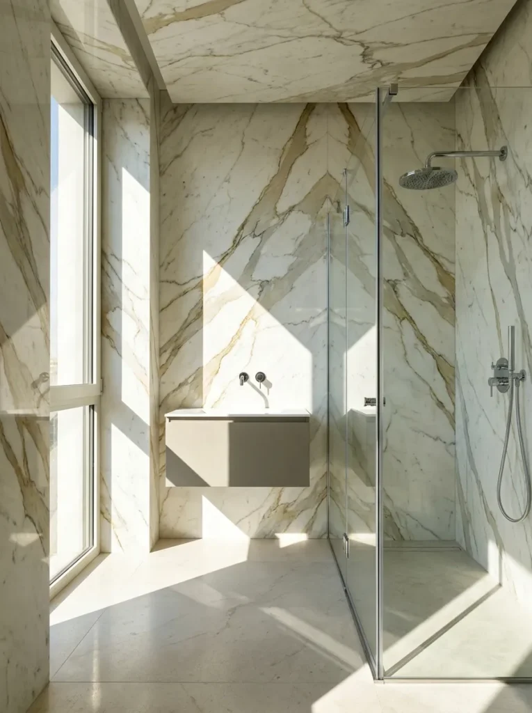 Luxury bathroom with floor-to-ceiling marble walls and timeless natural stone finishes