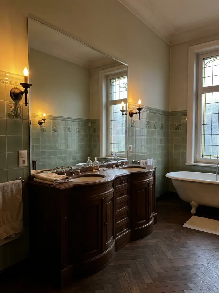 Elegant bathroom with oversized vanity mirror that reflects natural light and creates openness