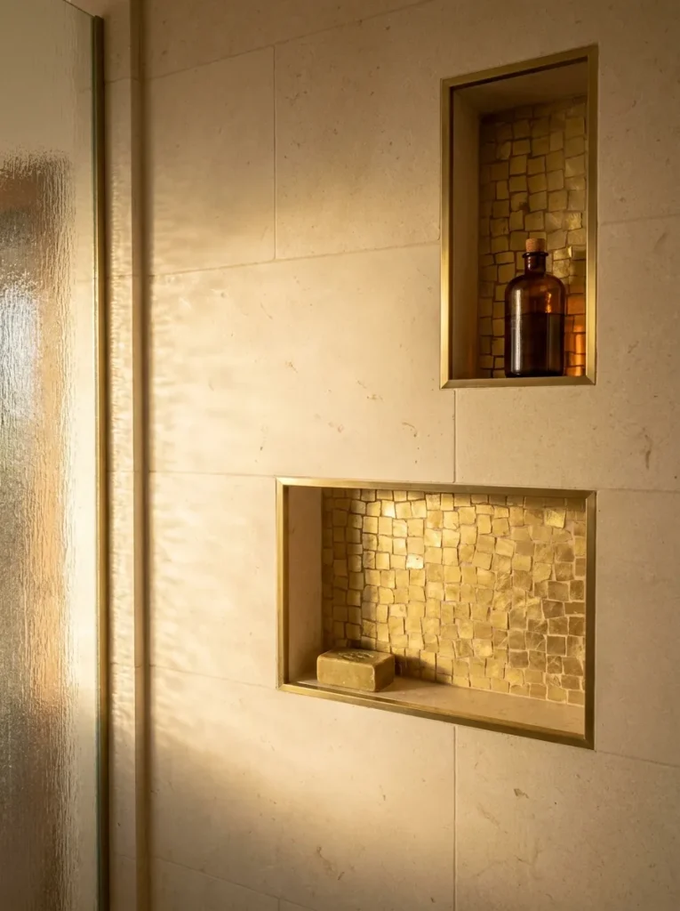 Elegant bathroom shower with built-in recessed niches and custom tile detailing