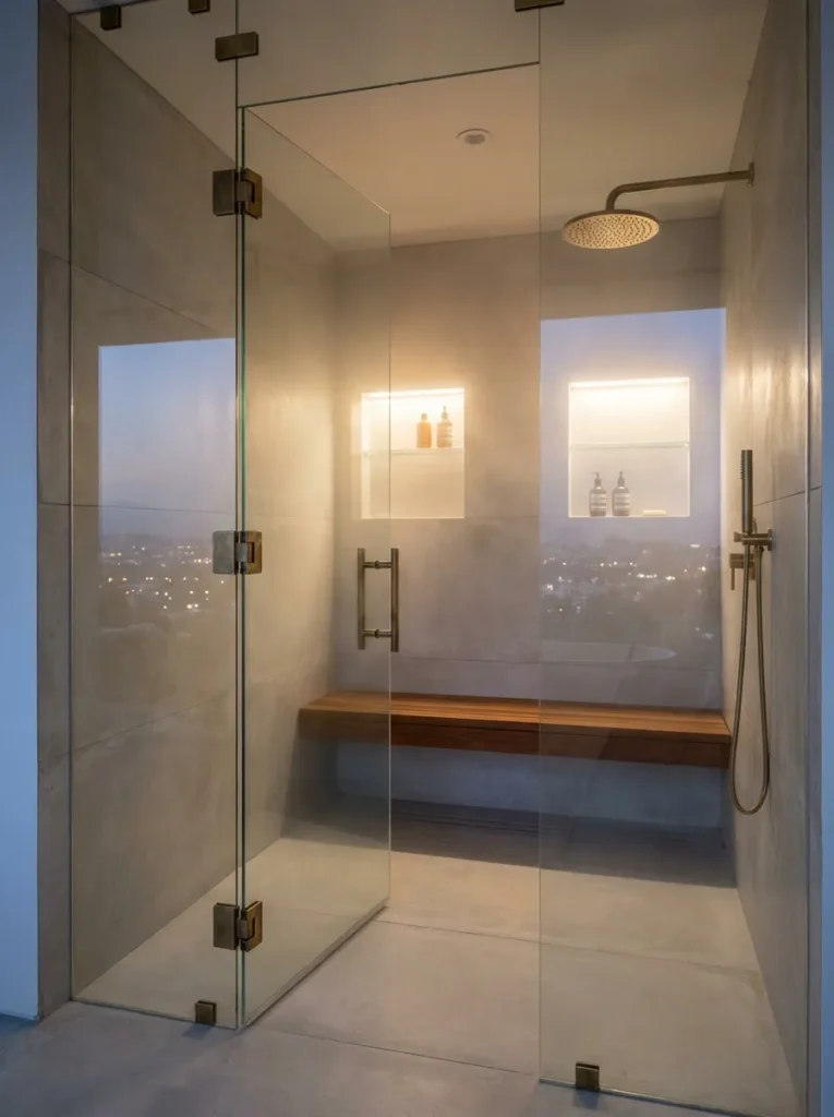 Luxury bathroom with steam shower enclosure, rain shower head, and spa-inspired design